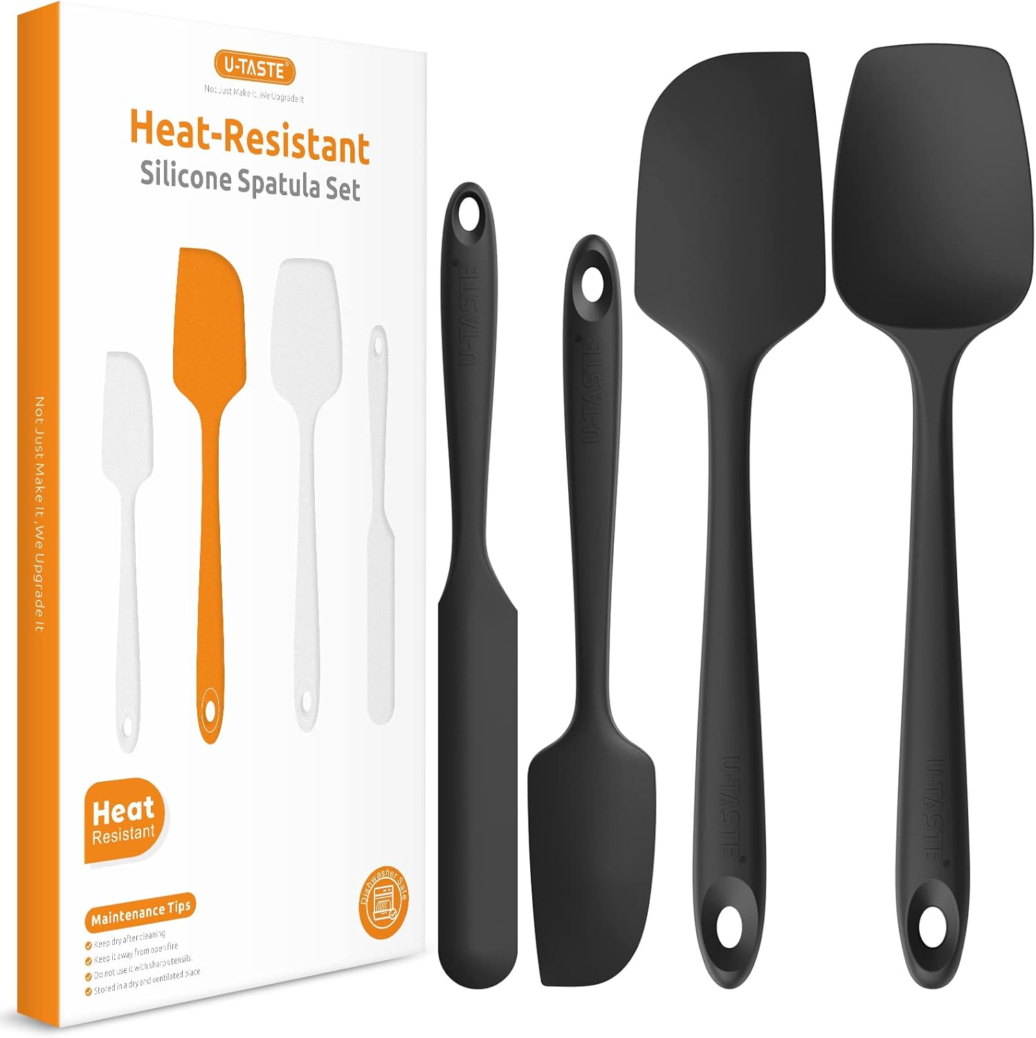 Heat Resistant Silicone Spatula Set: U-Taste 600ºf High Temp Seamless Food Grade Utensil, Flexible Rubber Silicon Kitchen Cooking Mixing Baking Scraper for Nonstick Cookware Set of 4 (Black)