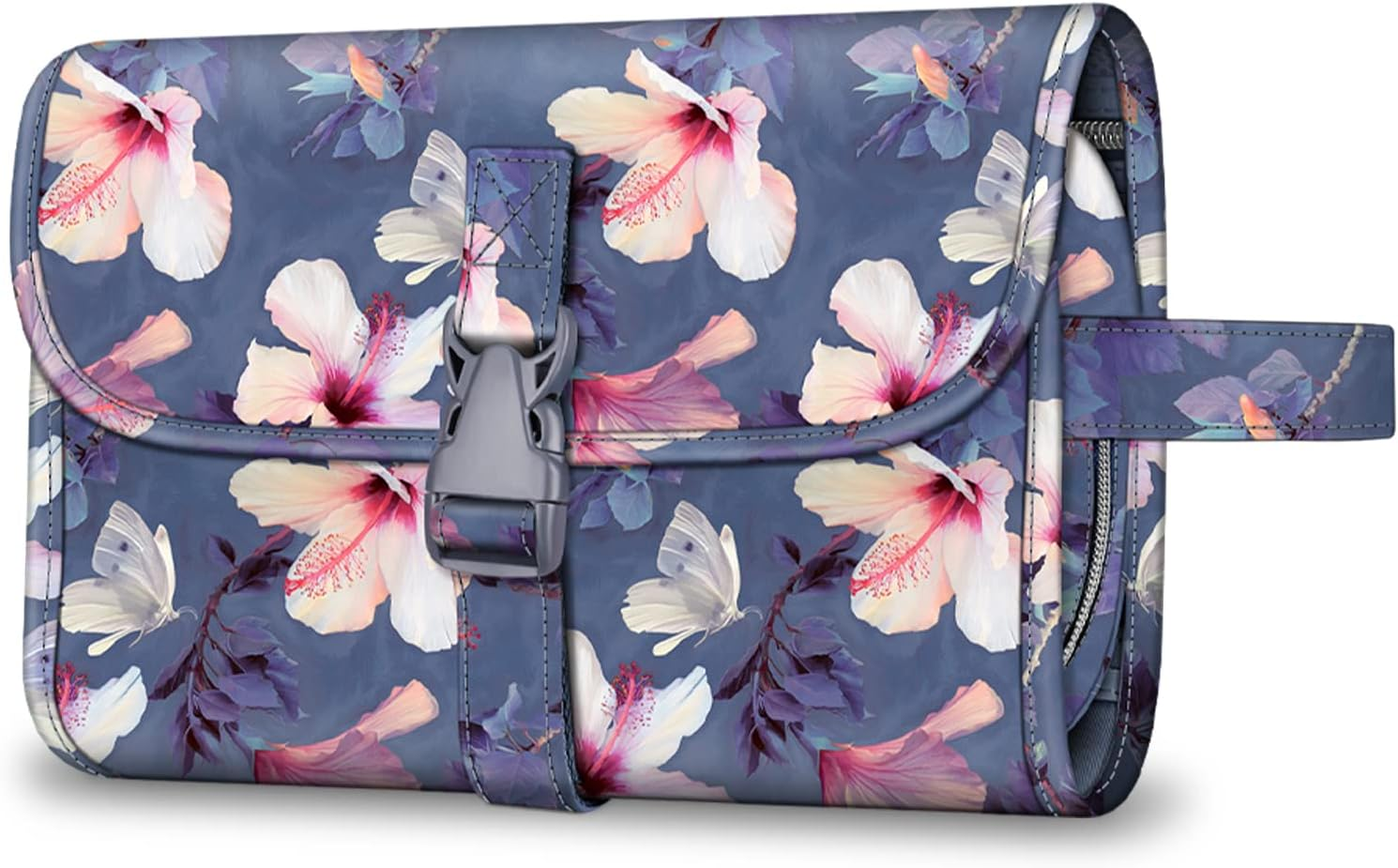 Portable Toiletry Cosmetic Travel Bag, Large Water Resistant Hanging Makeup Organizer Storage Pouch Case for Women Girls (Blooming Hibiscus)