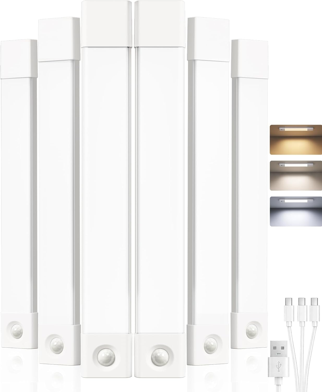EZVALO 6-Pack under Cabinet Lighting, Wireless Closet Lights, 50 LED Rechargeable Motion Sensor Light, Dimmable, 3 Color Temperatures, 11.8 Inch Counter Lights for Kitchen, Pantry, Bedroom, Wardrobe