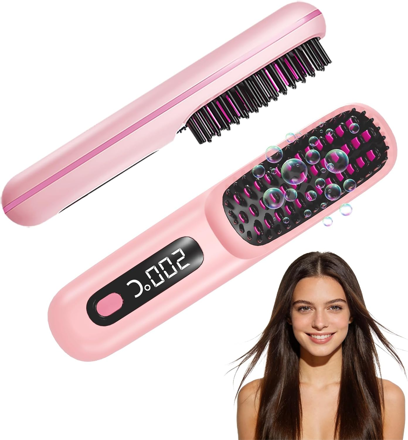 Go Brush Pro for Short Hair 2026, Portable Straightener Brushs for Travel, with LCD Temperature Display, Fast Heating Cordless Mini Hair Brushs(Pink)