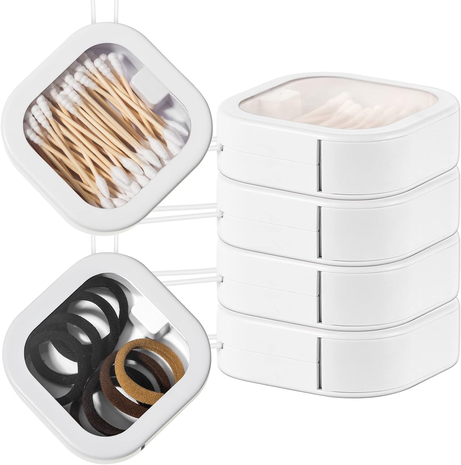 4 Pcs White Hair Tie Organizer Portable Hair Accessory Storage Containers Stackable Hair Tie Bobby Pin Holder Home Cotton Swab Dispenser Hair Accessories Jewelry Organizer Box