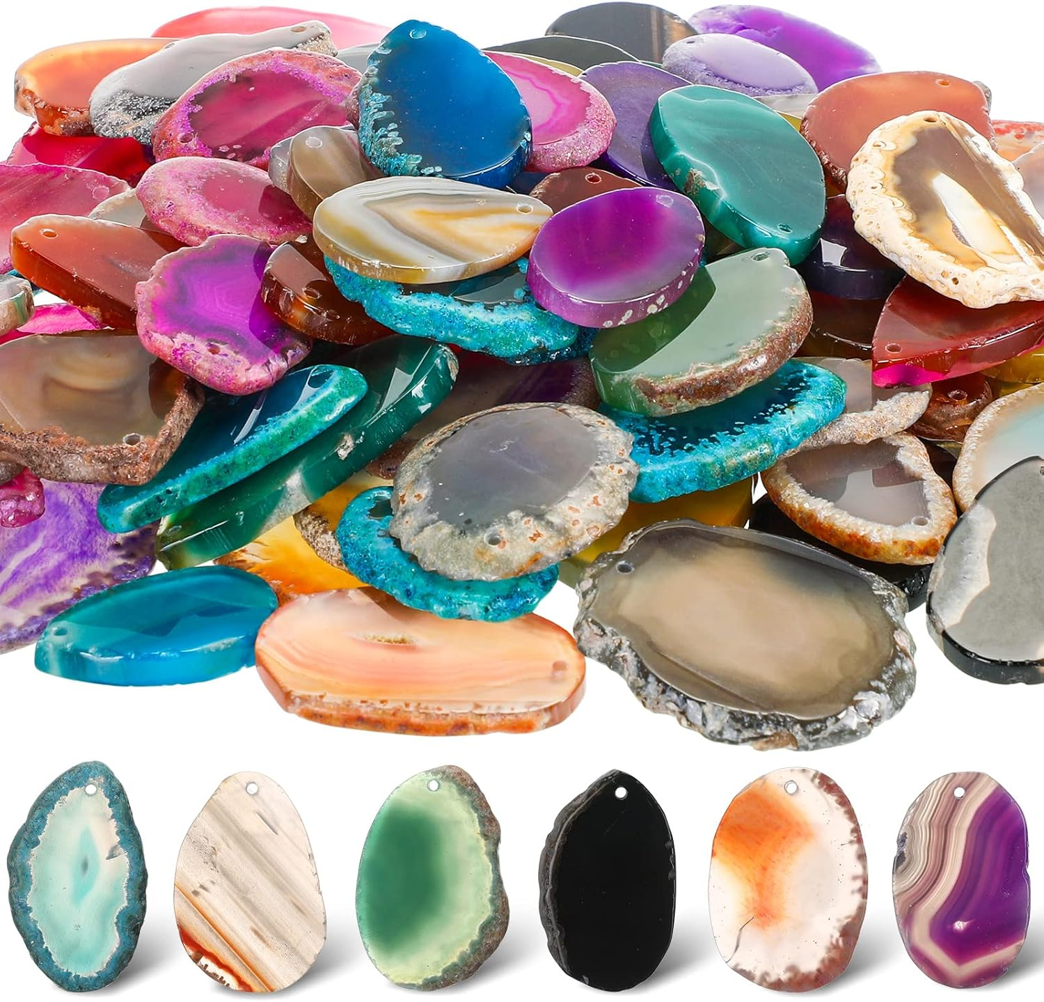 50 Pcs Agate Slice Crystals Bulk Polished Light Table Slices Irregular Healing Crystals Geode Stones Drilled Geode Slab Cards Natural Pendants for Jewelry Making Diy(Medium)