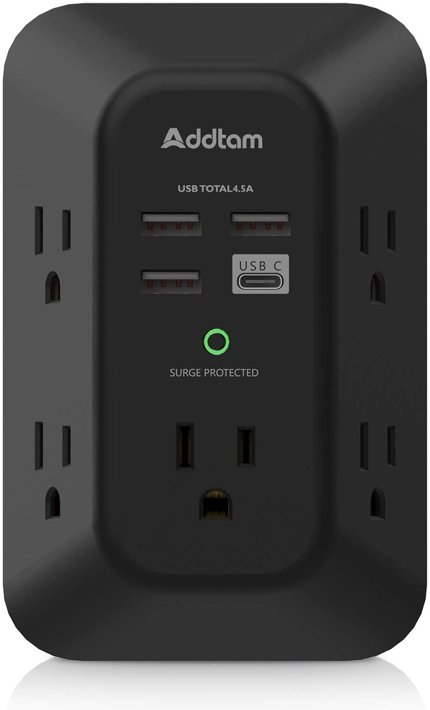 USB Wall Charger Surge Protector - Addtam 5 Outlet Extender with 4 USB Charging Ports (1 USB C), 3-Sided 1800J Power Strip Multi Plug Outlets Adapter Widely Spaced,Black
