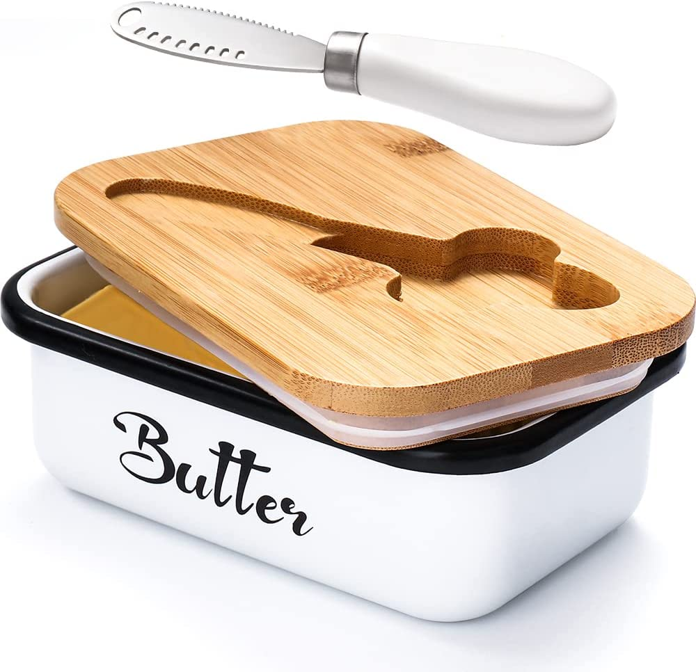 Butter Dish with Lid: Butter Dish for Countertop-  Metal Butter Keeper with Stainless Steel Multipurpose Butter Knife,Large Butter Container with Silicone Home Decor Kitchen Gift White