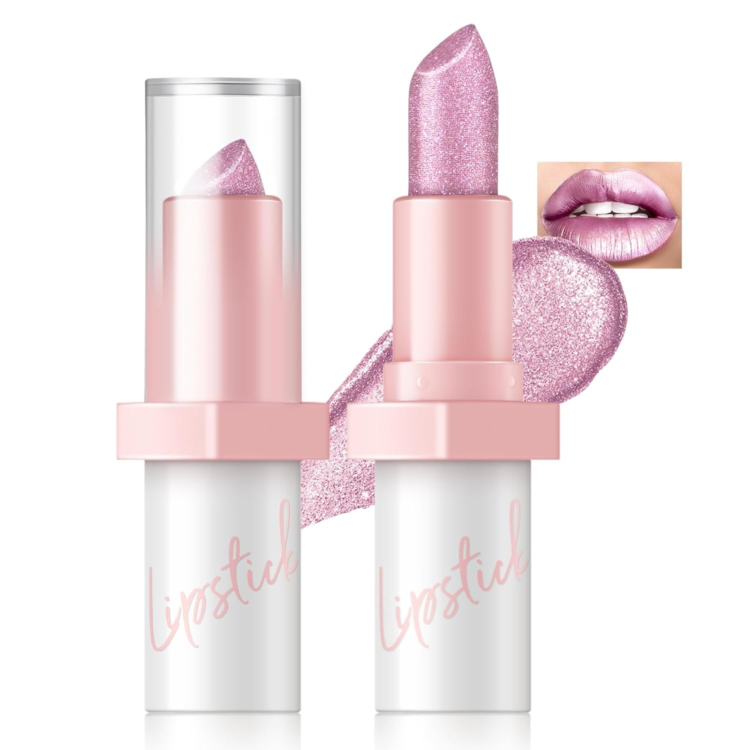 HOSAILY Metallic Pink Frost Glitter Lipstick for Women, Long Lasting High Shine Diamond Creamy Nude Light Pink Lipstick Transfer Proof,Shimmer High Impact Full Coverage Non Stick Cup Lip Makeup#1