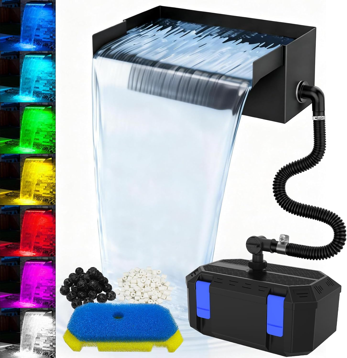 All-In-1 Pond Waterfall Kit with 850GPH Pond Filter Pump, 12-Inch Stainless Steel Spillway with LED Lights, 4-Stage Filtration Outdoor Waterfall for Water Feature, Garden, Backyard, Pool