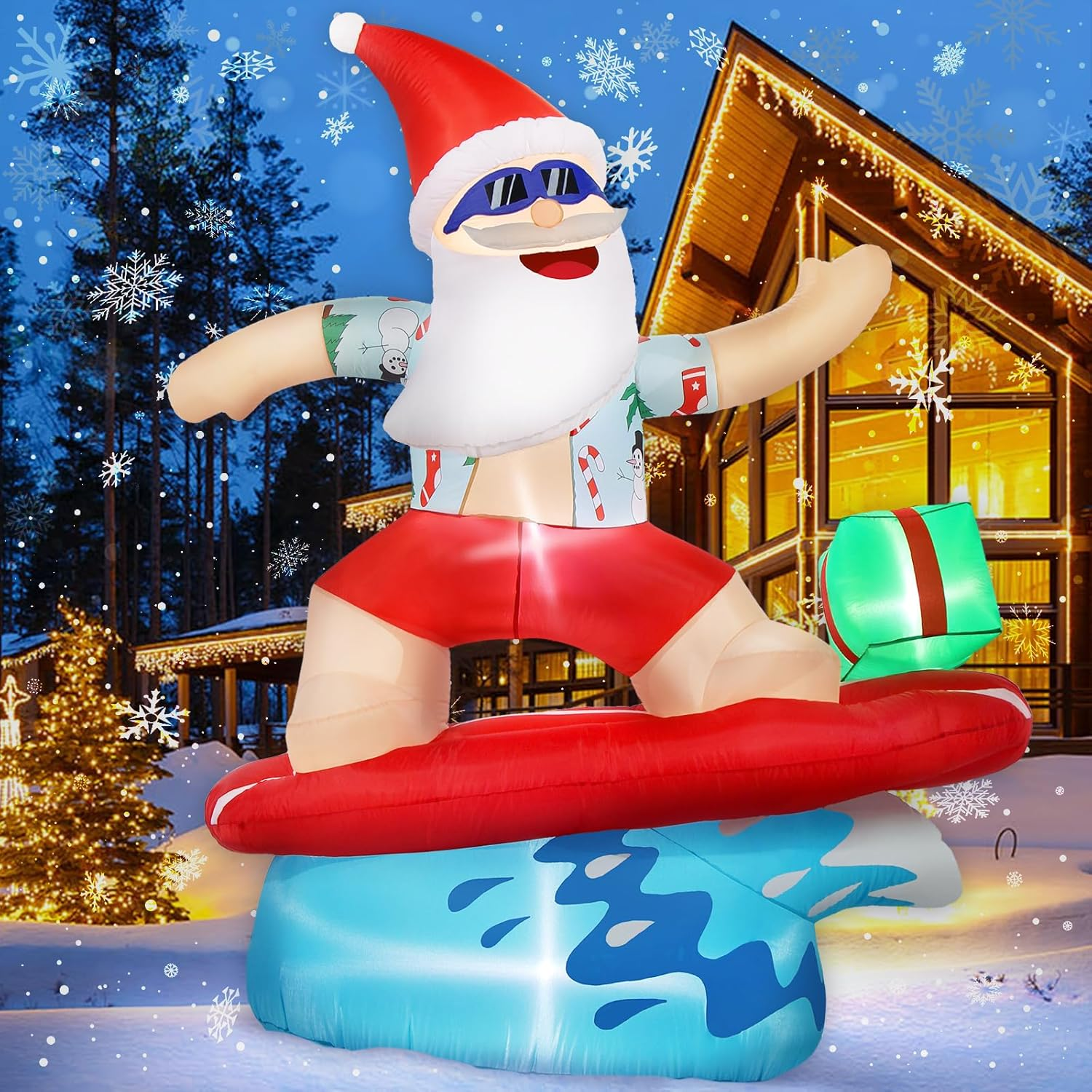 Christmas Inflatable Santa Outdoor Decorations 6Ft Giant Blow up Hawaiian Surfing Santa Claus Yard Inflatables Tropical Beach Xmas Blowups Led Lights Decor for Holiday outside Lawn Vacation
