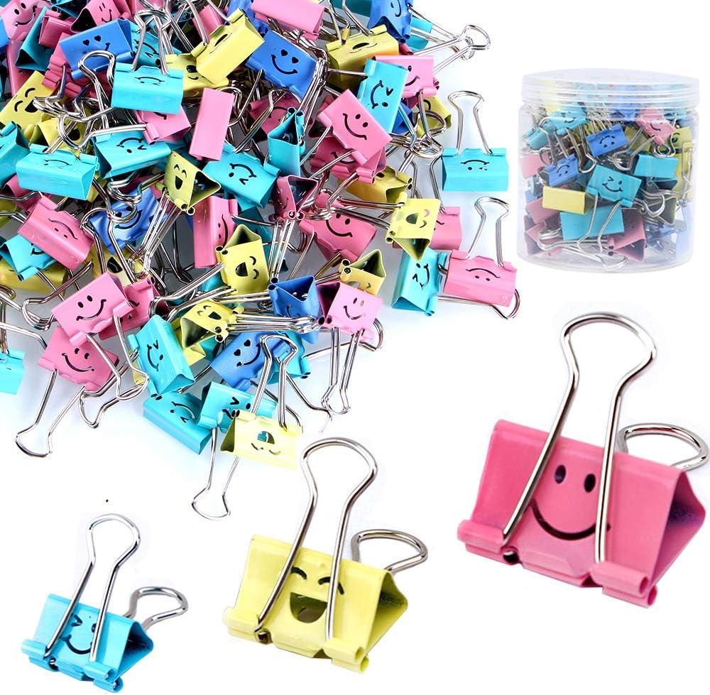 【80Pack】 Binder Clips,  Paper Clips,Paper Clamps with Colored Cute Hollow Smiling Face,80 Pcs Assorted Size Clip, for Office,Teacher Gifts and Kitchen