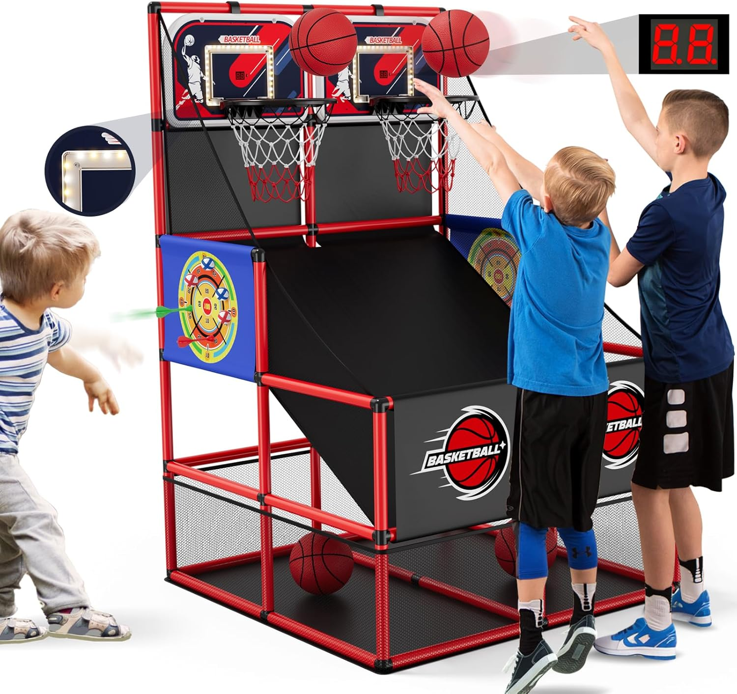 2 in 1 Dual Shot Basketball Arcade Game with 2 Dart Boards/Electronic Scoreboard/Led Light, Kids Basketball Hoop for Home Indoor Outdoor, Sport Toys Gifts for Boys Girls Ages 3-12 Years Old