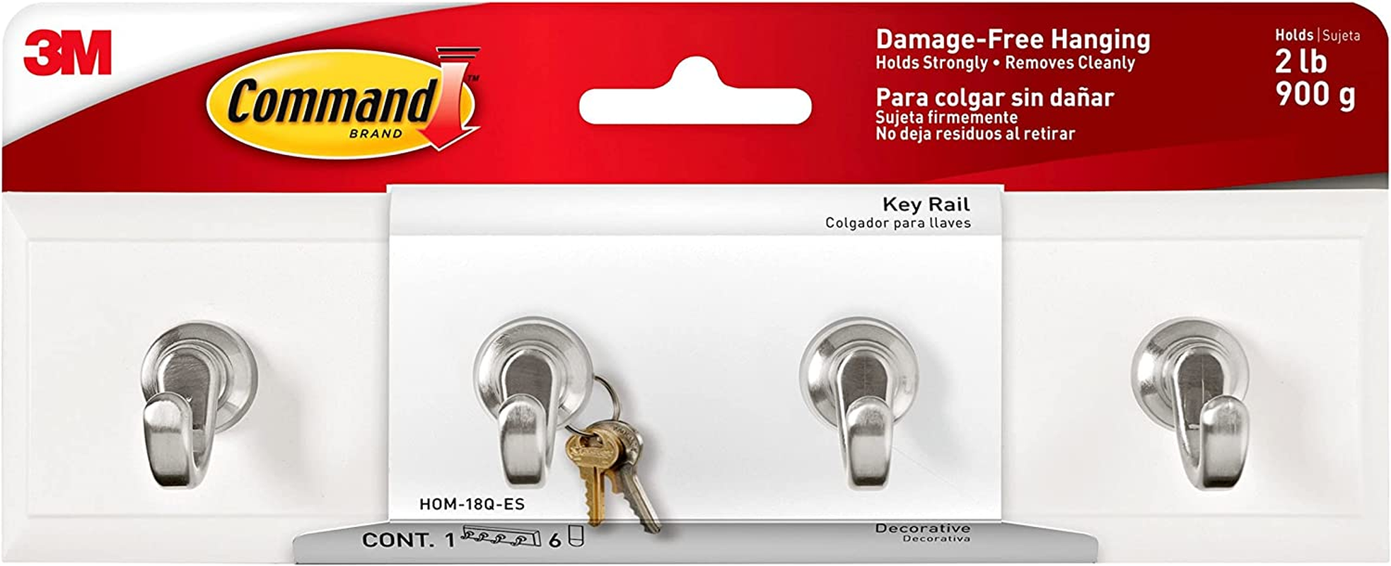 Key Rail, Holds up to 2 Lb, 8-Inch Rail with 4 Key Hooks and 6  Strips, Quartz, Removable Key Hooks for Entryway or Hallway, Hang Keys, Hats, Dog Leashes, and Accessories