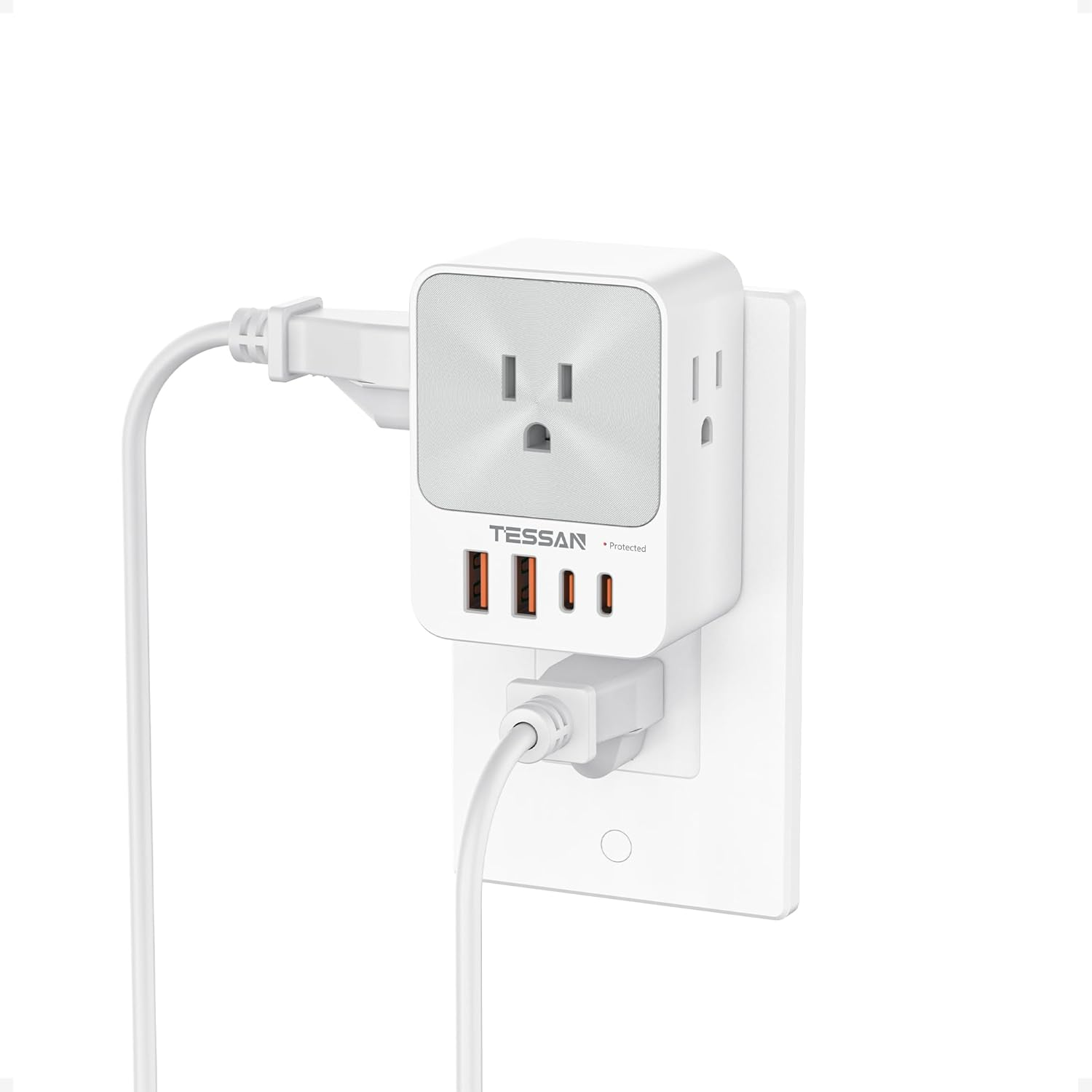 USB C Charger Block 20W PD, 4 USB Wall Charger Fast Charging with 3 Outlet Extender Surge Protector, 3 Side Multi Port Adapter, Electric Multiple Outlet Plug for Home Office Dorm Room