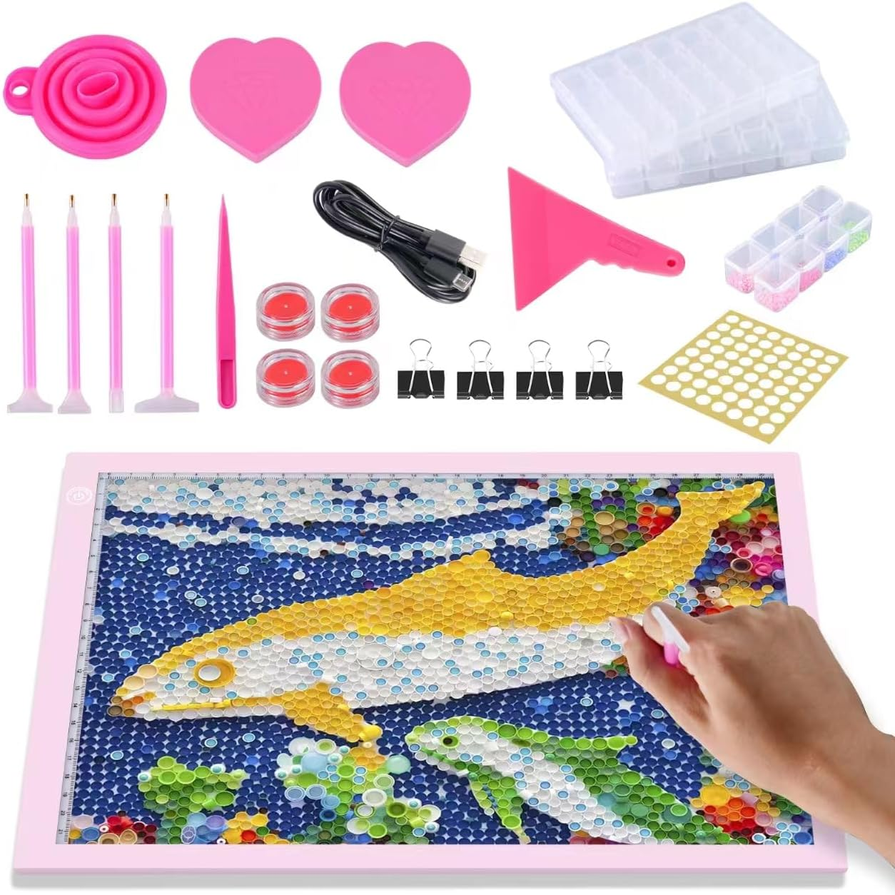 A4 LED Light Pad for Diamond Art, USB Powered Light Board, Adjustable Brightness Trace Light Box with Art Accessories (Pink)