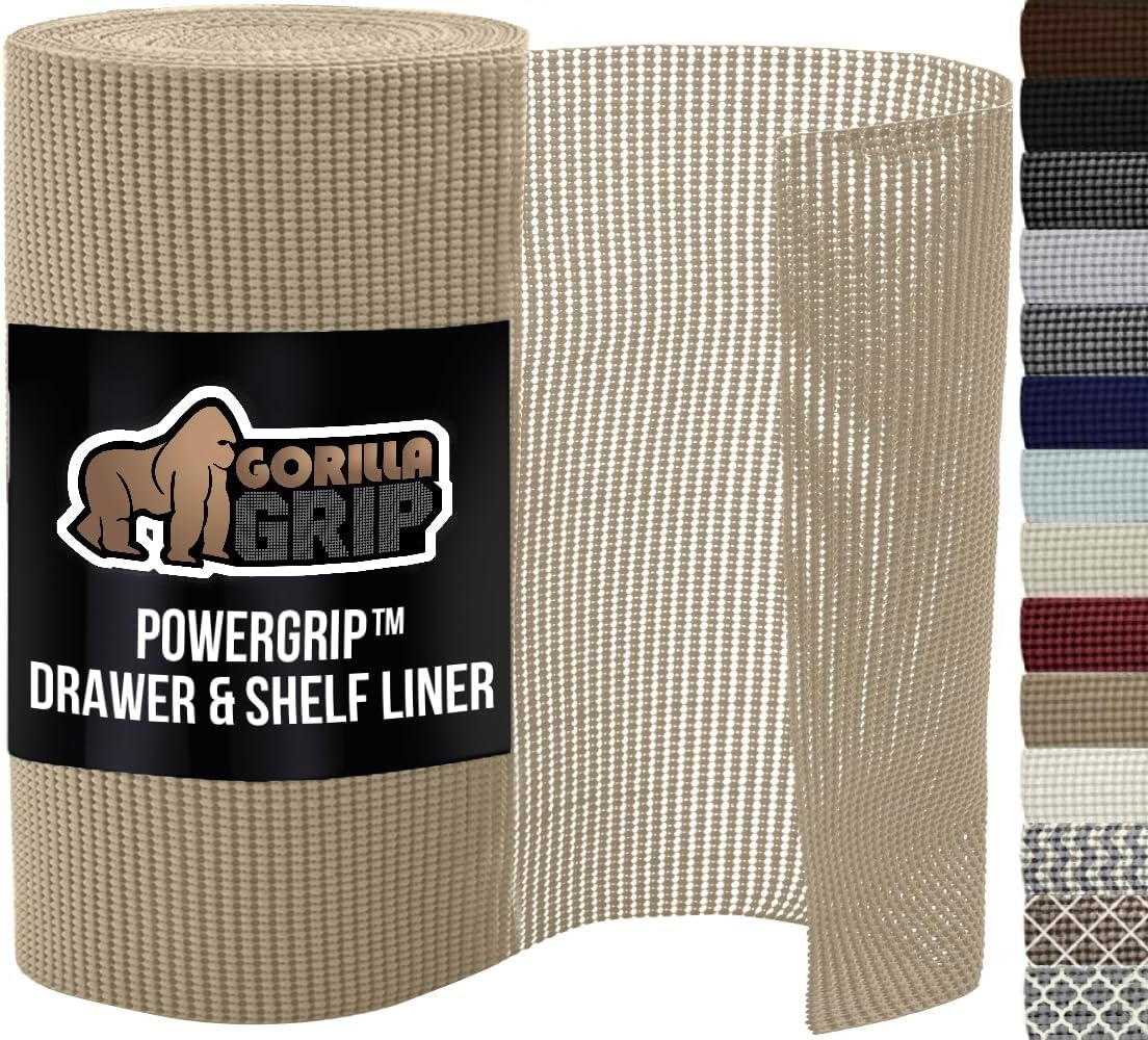 Powergrip Drawer Shelf and Cabinet Liner, Thick Strong Hold, Non-Adhesive Liners Protect Kitchen Cabinets and Cupboard, Bathroom Drawers, Easy Install, Breathable Mat, 12