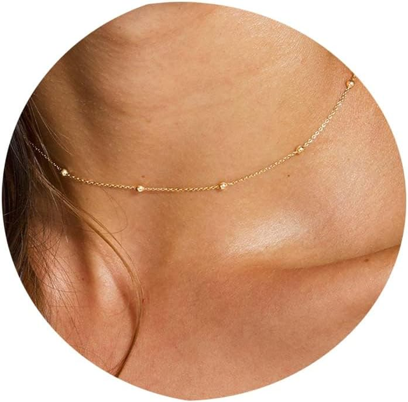 Gold Chain Necklace for Women, 14K Gold Plated Thin Beaded Wave Box Chain Necklace Dainty Gold Necklace Simple Layered Gold Choker Necklaces Minimalist Gold Link Chain Necklace Trendy Jewelry for Women