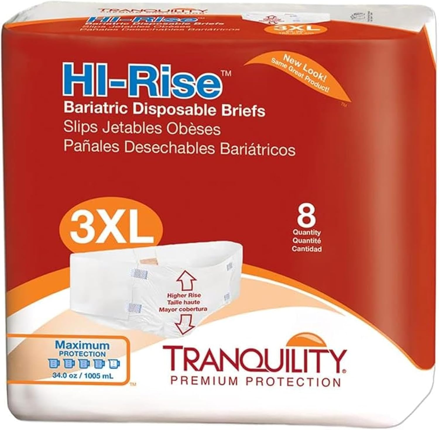 Bariatric Hi-Rise Disposable Briefs, 3X-Large, High Waistline with Peach Mat Core & Secure Kufguard Technology for Skin Integrity, Latex-Free, 34Oz Capacity, 8Ct Bag