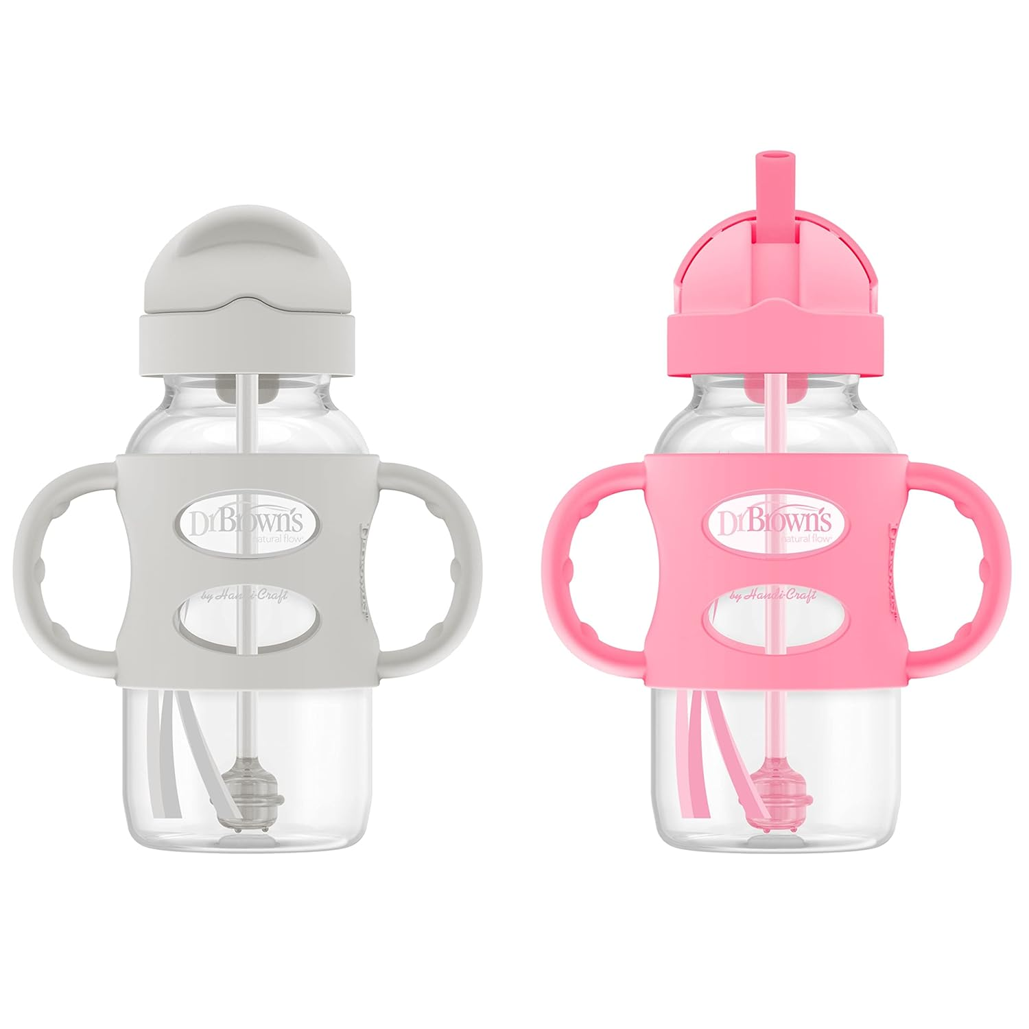Dr. Brown'S Milestones Wide-Neck Sippy Straw Bottle with 100% Silicone Handles and Weighted Straw, 9 Oz/270 Ml, Gray & Pink, 6M+, 2 Count (Pack of 1)