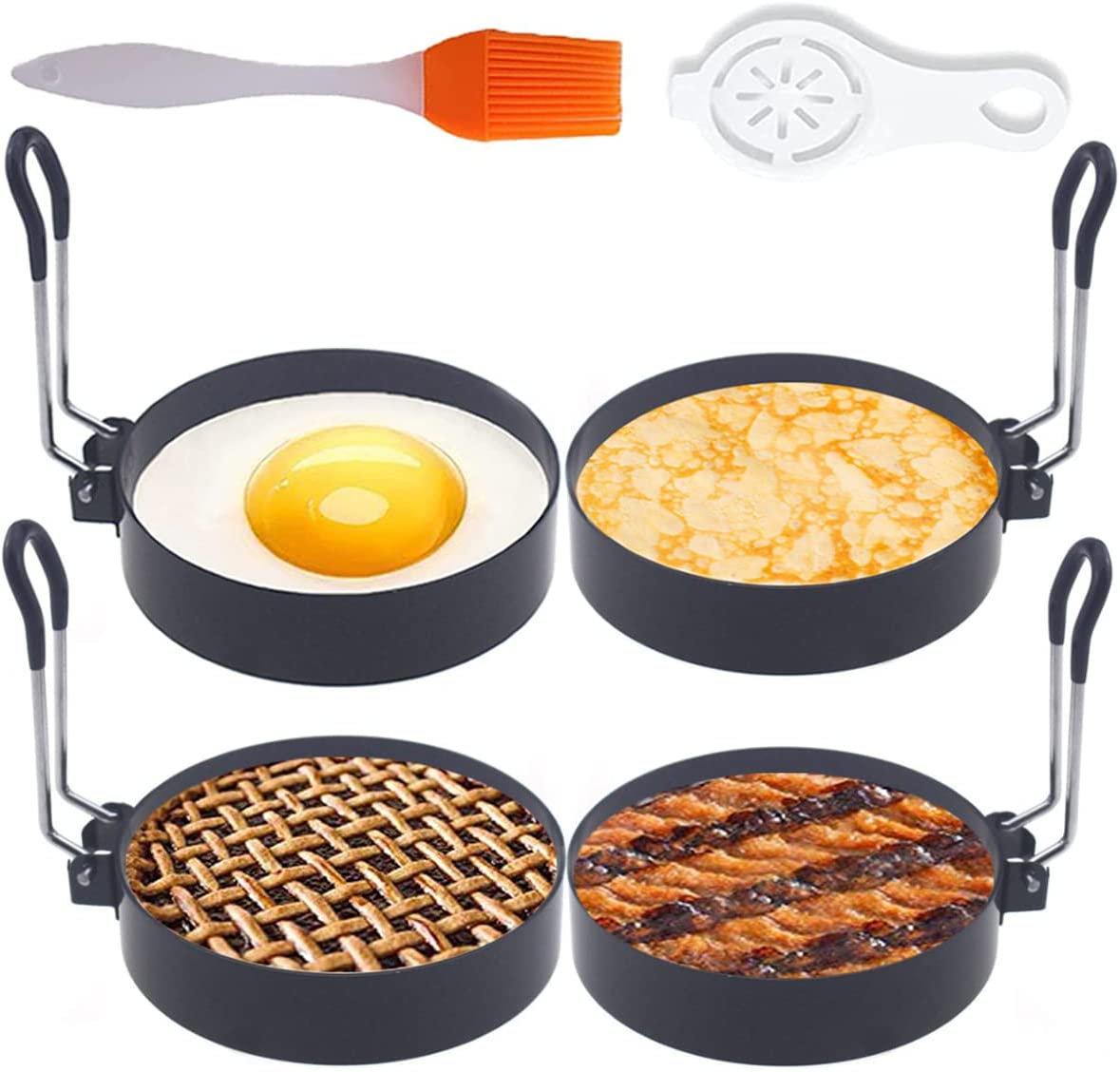 Upgrade 4'' Large Egg Rings Set, 4 Packs Stainless Steel round Egg Maker Mold, Anti-Scalding Grill, 1X Oil Brush & 1X Egg Separator White