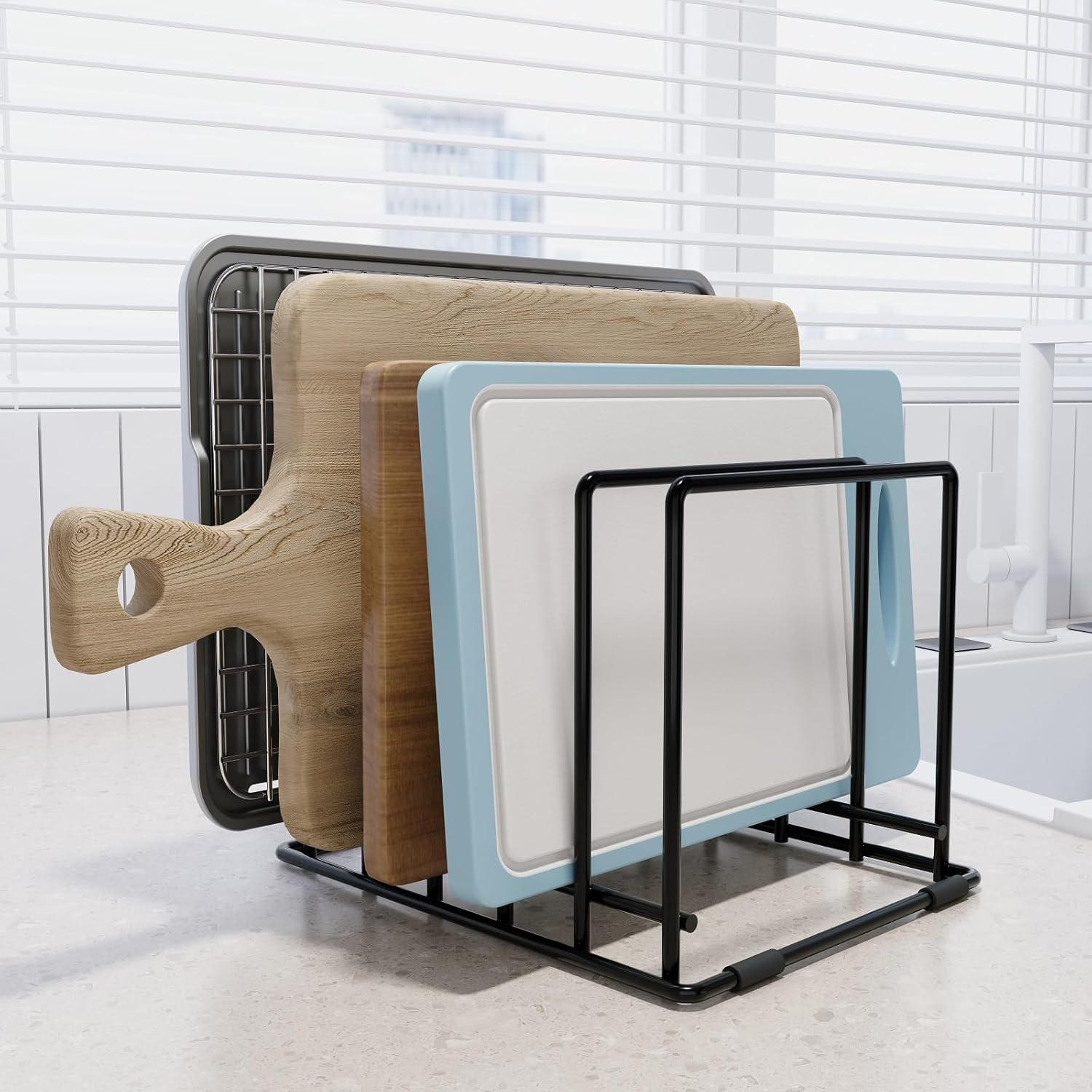 Baking Sheet Organizer Rack – 5-Slot Bakeware & Cookie Tray Holder for Kitchen Cabinet or Countertop, Stainless Steel Cutting Board Rack with Rust-Resistant Frame & Anti-Slip Feet