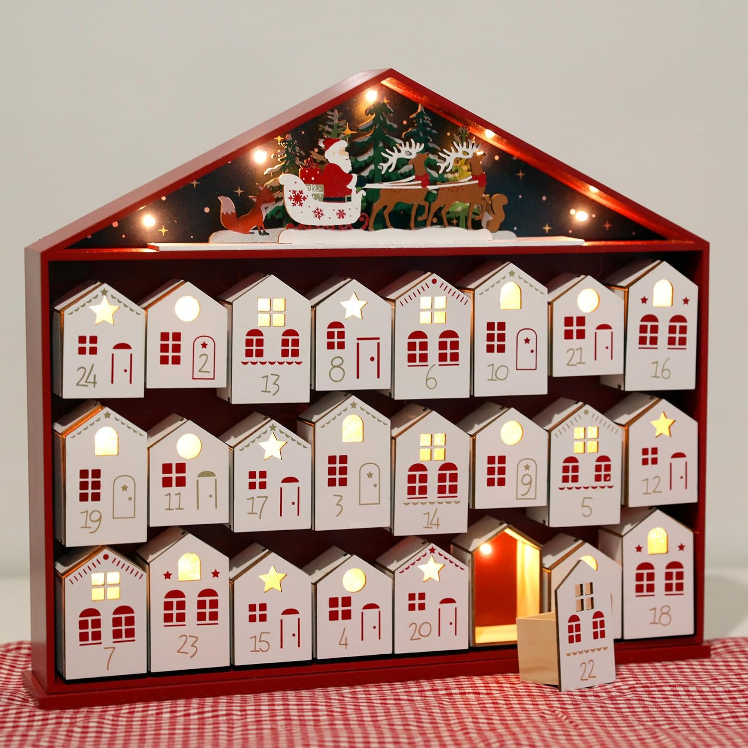 Extra-Large Wooden Advent Calendar 2025 with LED Lights, Christmas Countdown Calendar, House-Shaped Drawers for Kids and Adults, Reusable Holiday Decoration, 24-Day Xmas Countdown Box