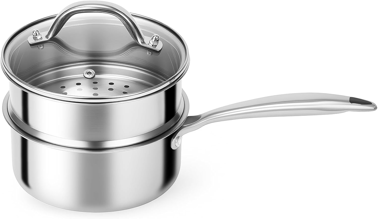 Stainless Steel Saucepan Pot - 1.5 Quart Tri-Ply Induction Cooking Pot with Vegetable Steamer Basket and Visible Lid, Saucepan Cookware, Sauce Pan for Boiling Milk, Pasta, Sauces, Grains