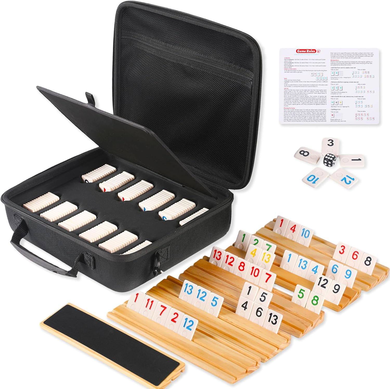 Rummy Cube Game 6 Players Edition with 6 Wooden Racks, 160 Numbers Rummy Tiles, Premium Waterproof Portable Case, Rummy Travel Game Set - Classic Board Games for Family Adults