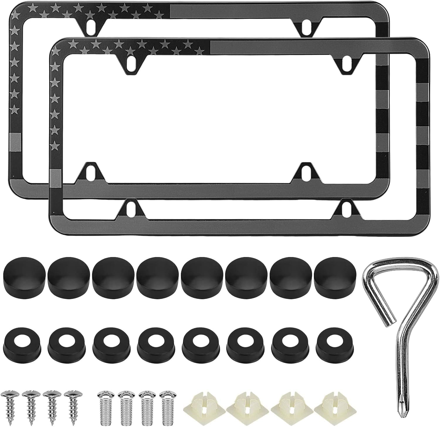 Marco placa auto bandera USA pack 2 aluminio con tornillos tapas y llave