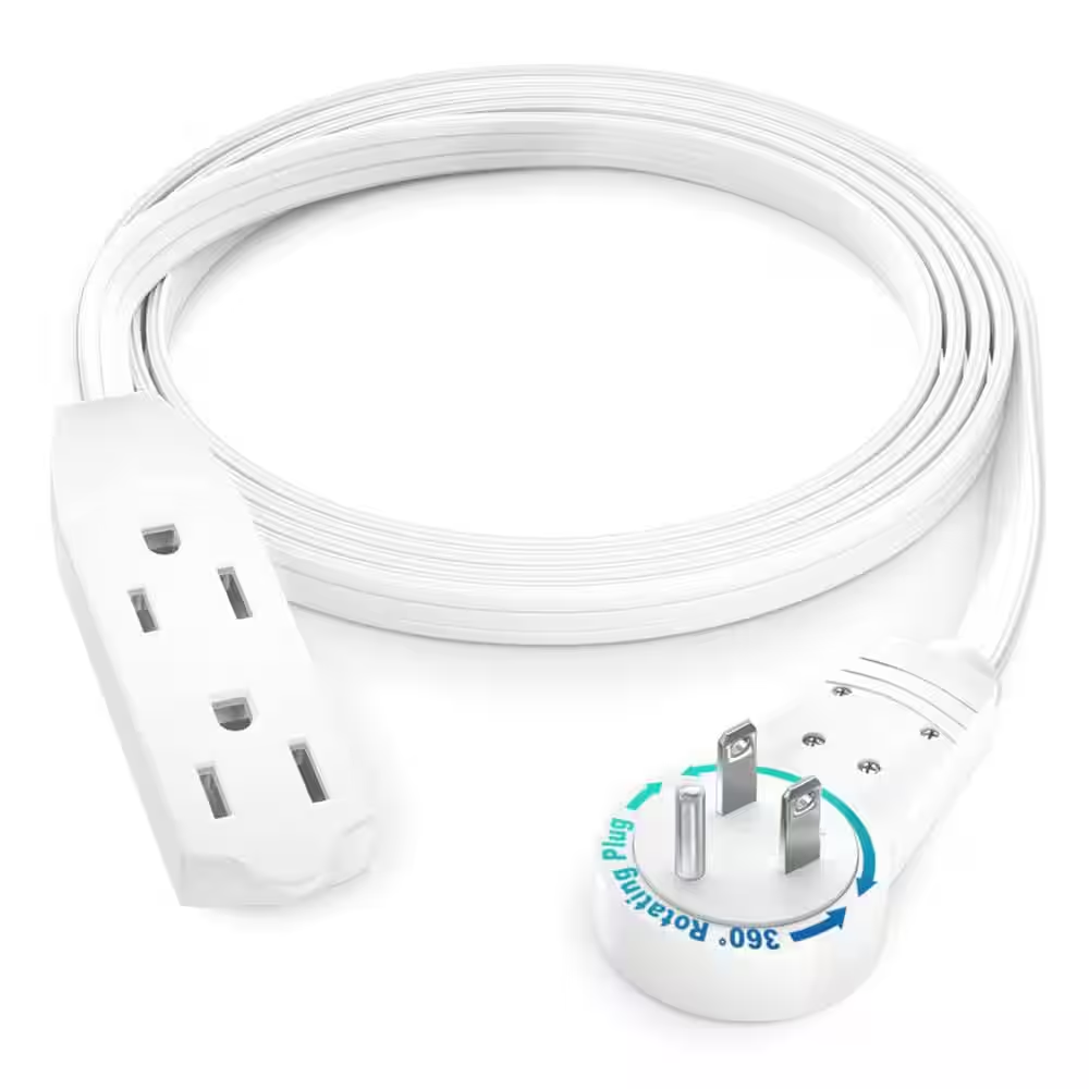 4 Ft. 16/3 Light Duty Indoor Extension Cord with 360-Degree Rotating Flat Plug 3-Outlet, 13 Amp, White