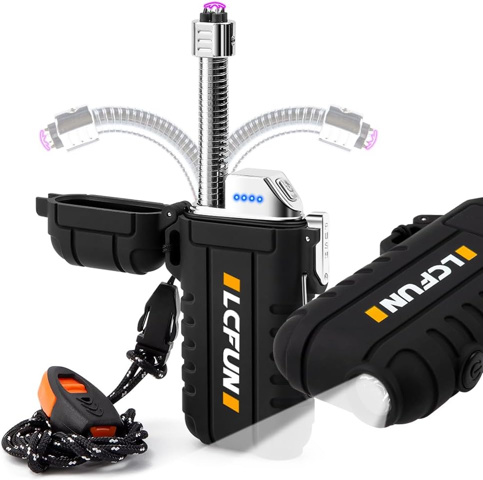 Electric Dual Arc Lighter USB Rechargeable, Windproof Plasma Lighters with LED Battery Indicator, Waterproof Flashlight Lighter with Whistle Lanyard for Camping, Survival Gear