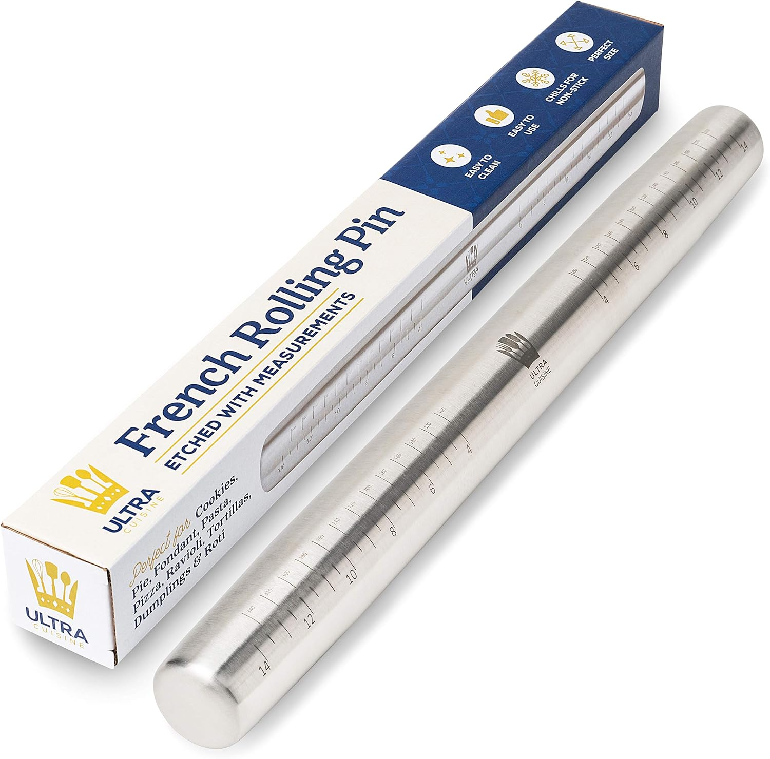 French Rolling Pin for Baking – Tapered Stainless Steel Design with Measurements