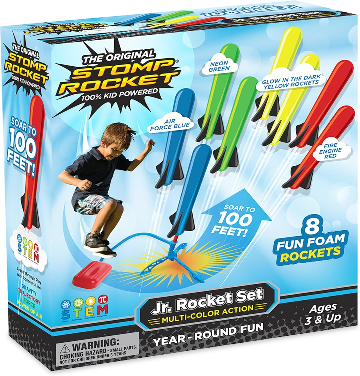 Stomp Rocket Jr Multi-Color Rocket Launcher for Kids, 8 Rockets - Fun Outdoor Kids Gifts for Boys & Girls - STEM Toy Foam Blaster Set Soars up to 100 Feet - Ages 3 & Up