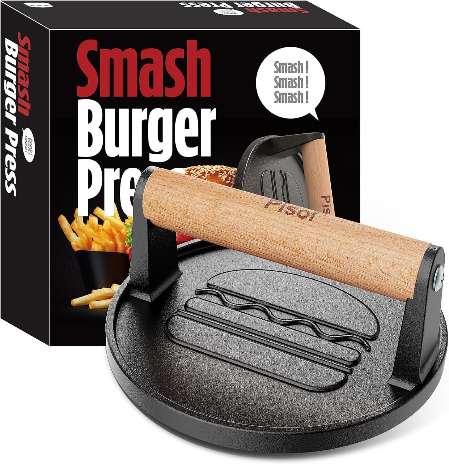 Smash Burger Press, Pre-Seasoned Cast Iron Hamburger Smasher, 2 Lb Heavy-Duty Gr