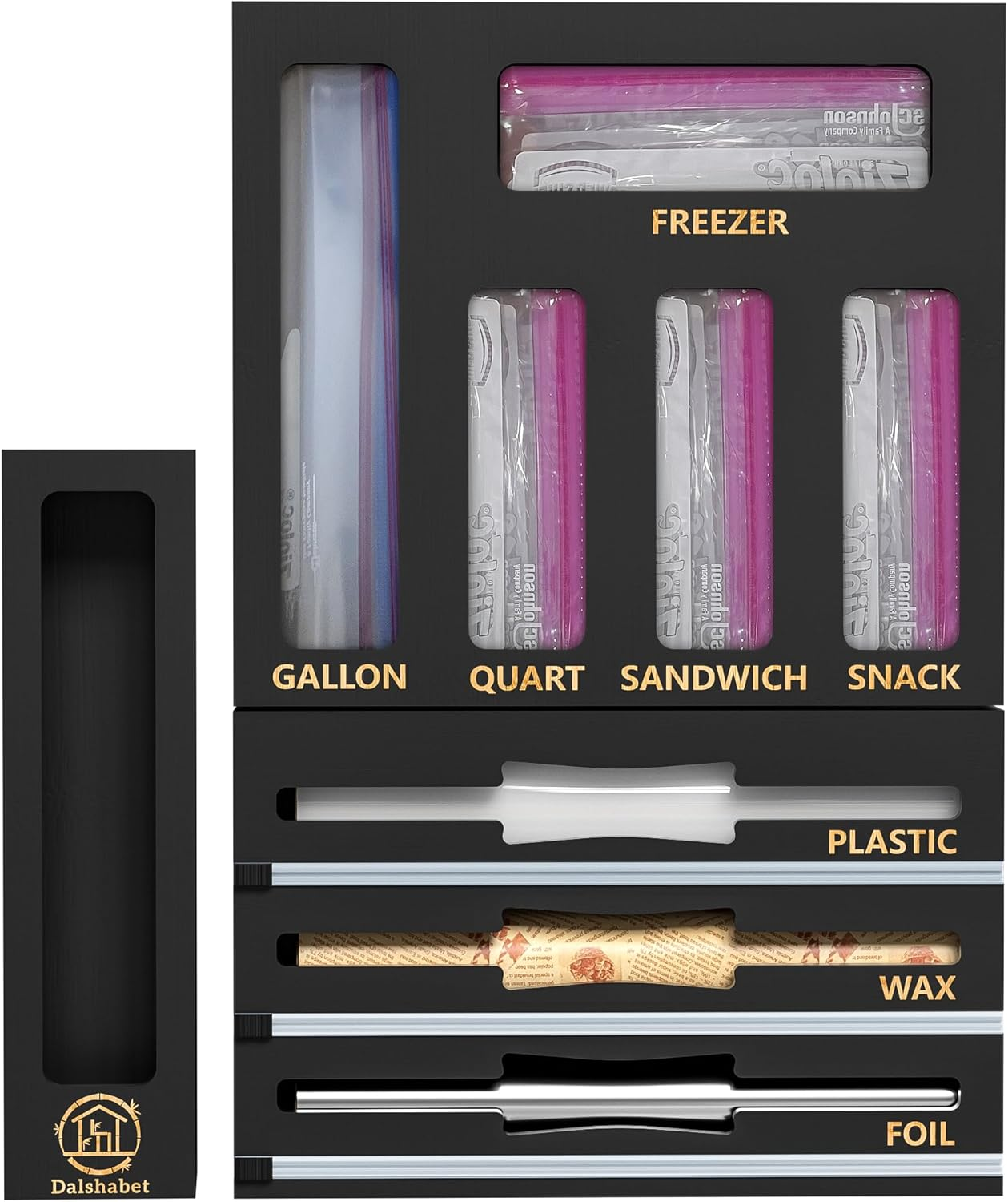 9 IN1 Bamboo Storage Bag Drawer Organizer with Cutter, Foil and Plastic Wrap Dispenser for Kitchen Storage Compatible with All Brands Gallon, Quart, Sandwich & Snack Size Bags - Black