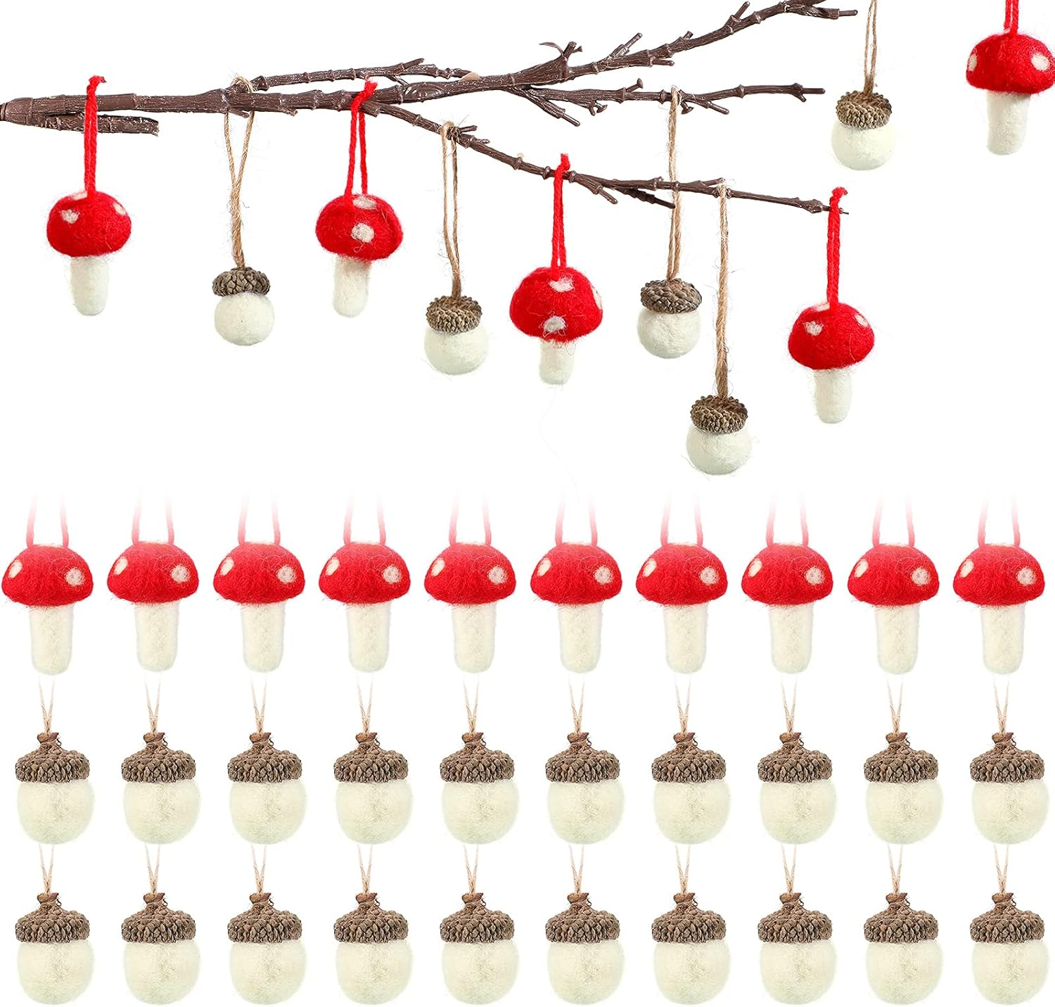 30 Pzs Adornos de Fieltro Bellotas y Hongos Colgantes Navidad Otono Hogar Decor