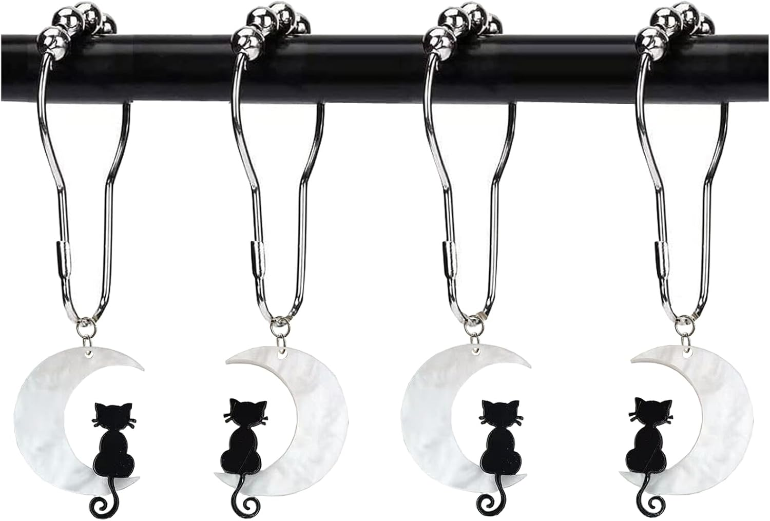 Black Cat Shower Curtain Hooks with Moon Bathroom Decoration,12 Pcs Rust Proof 