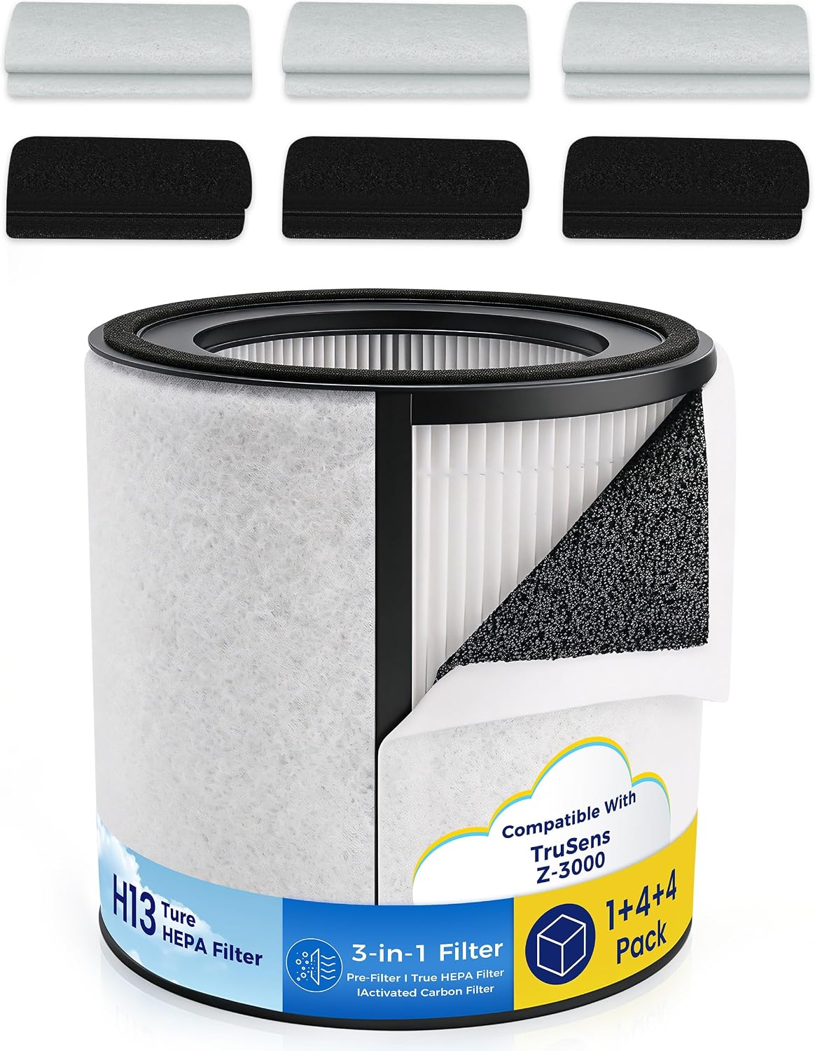 Z3000 Replacement Filter Compatible with Trusens Z-3000 Air Purifier, H13 True HEPA 3-Stage Filtration with Activated Carbon, Includes 1 HEPA Filter + 4 Carbon Filters + 4 Pre-Filters