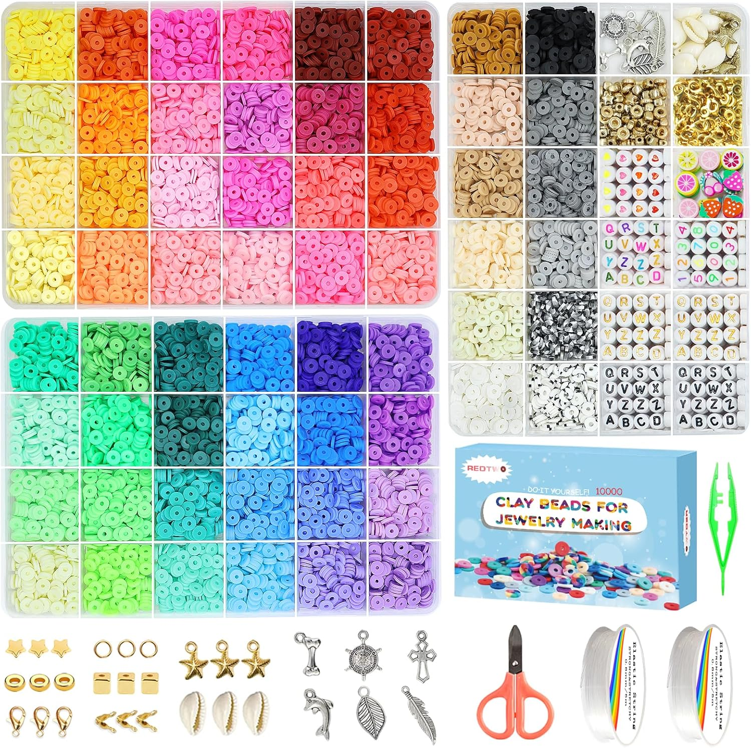 10000 Pcs Clay Beads Bracelet Making Kit, 3 Boxes 60 Colors Flat Preppy Beads for Friendship Bracelet Kit, Polymer Heishi Beads with Charms for Jewelry Making, Crafts Gifts for Teen Girls