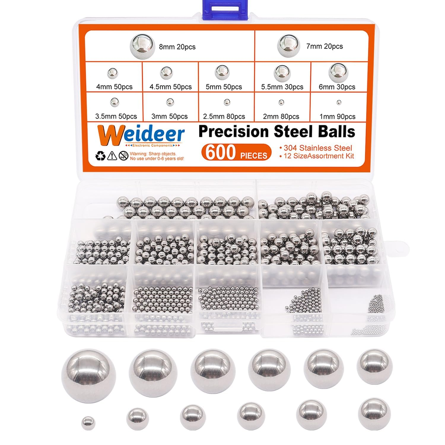 K-085-600 Stainless Steel Precision Metric Bicycle Bearing Balls Assortment Kit 1-8Mm