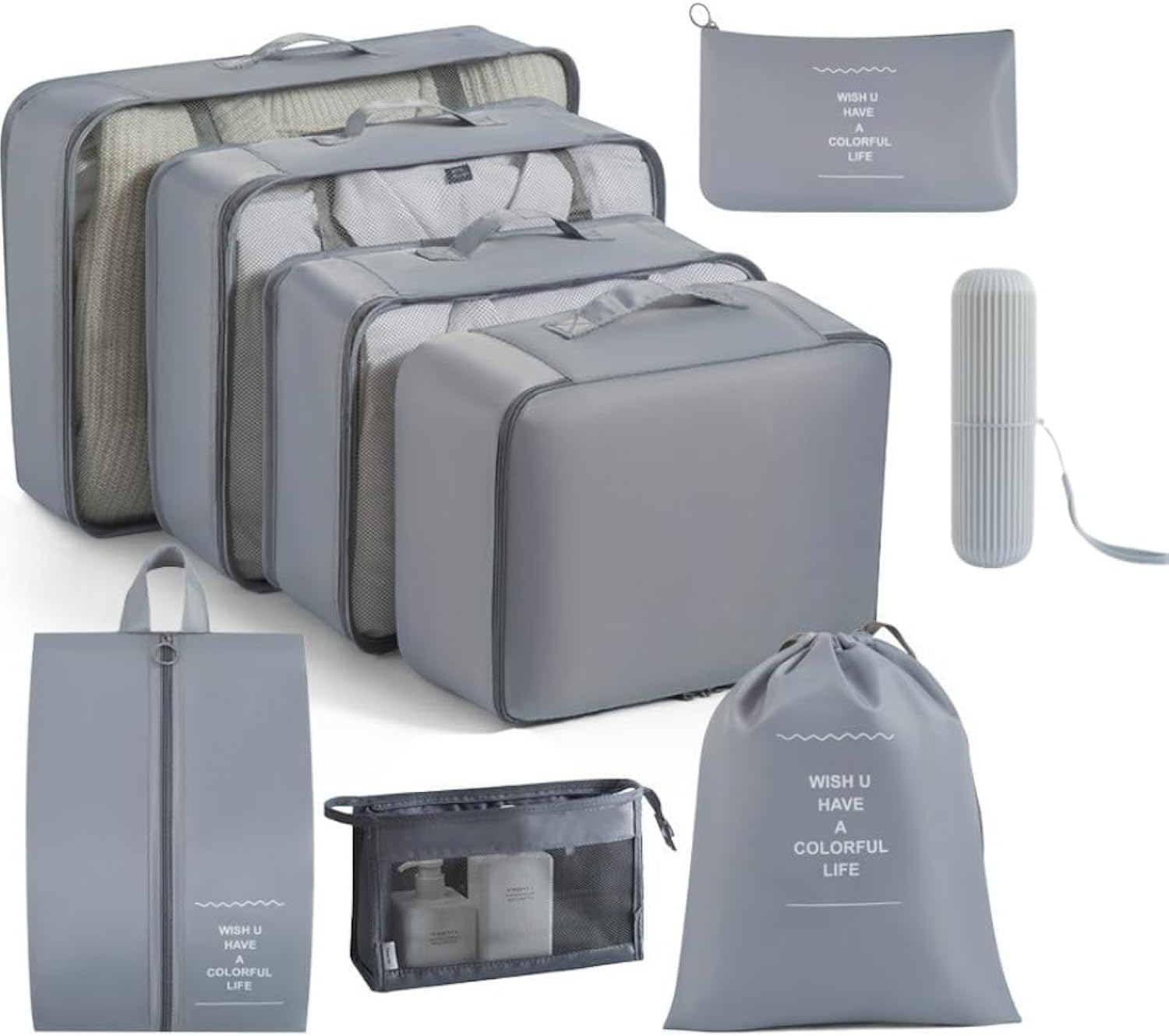 9 Set Packing Cubes for Suitcases,  Travel Luggage Packing Organizers with Laundry, Toiletry Bag, Compression Storage Shoe Bag, Toothbrush Case, Travel Essentials (Grey)