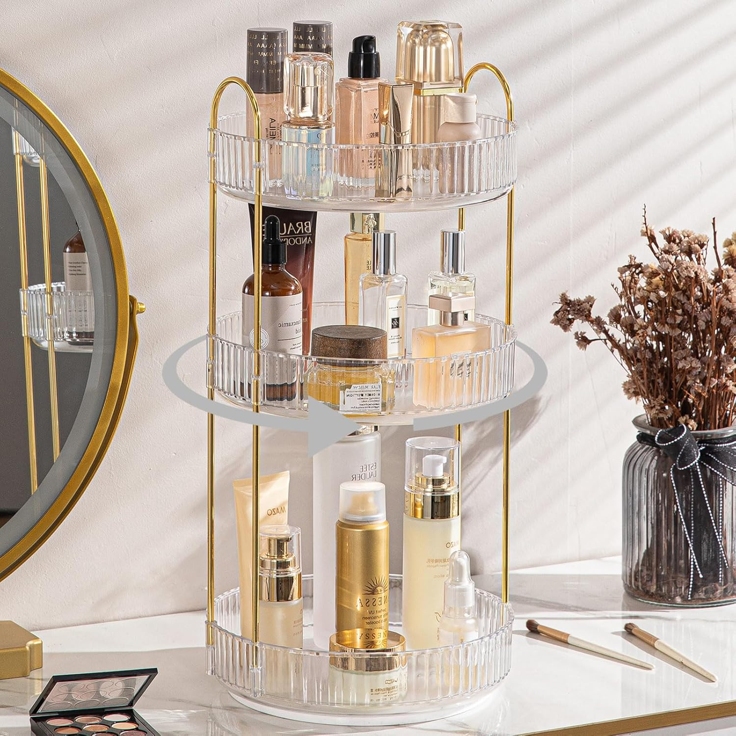Rotating Makeup Organizer for Vanity, High-Capacity Skincare Perfume Storage, Bathroom Counter Organizer, 360 Spinning Cosmetic Dresser Countertop Organizers (Clear, 3 Tier)