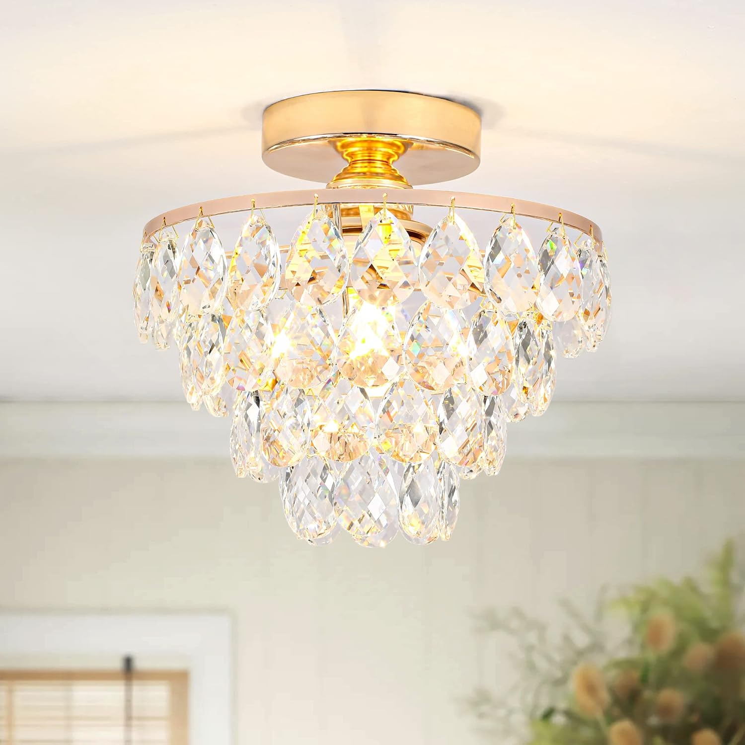 3-Tier Crystal Chandelier - Mini Flush Mount Raindrop Design For Bedroom/Living Room (Gold)