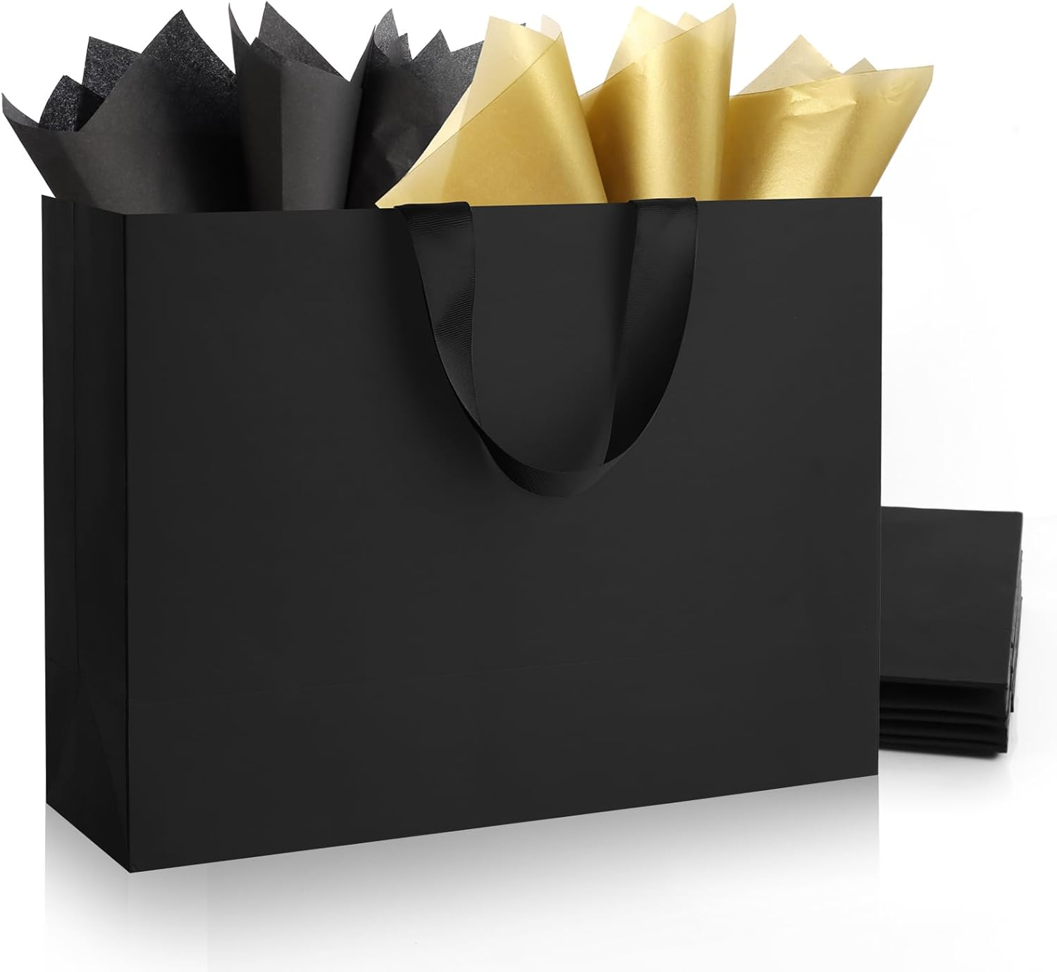 6 Pack Extra Large Black Gift Bags with Handles and Tissue Paper, 16x6x12 Inch Paper Bags Bulk for Birthdays Party, Shopping, Weddings, Valentine's Day, Easter, Anniversaries (Black Extra Large-6Pcs)