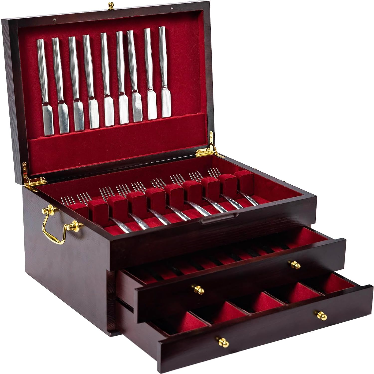 Wooden Silverware Chest without Silverware Three-Layer, Silverware Box Storage for Silver, Silverware Case with Handle and Felt Lined, Flatware Chest for 12 or 16 or More Sets of Utensils