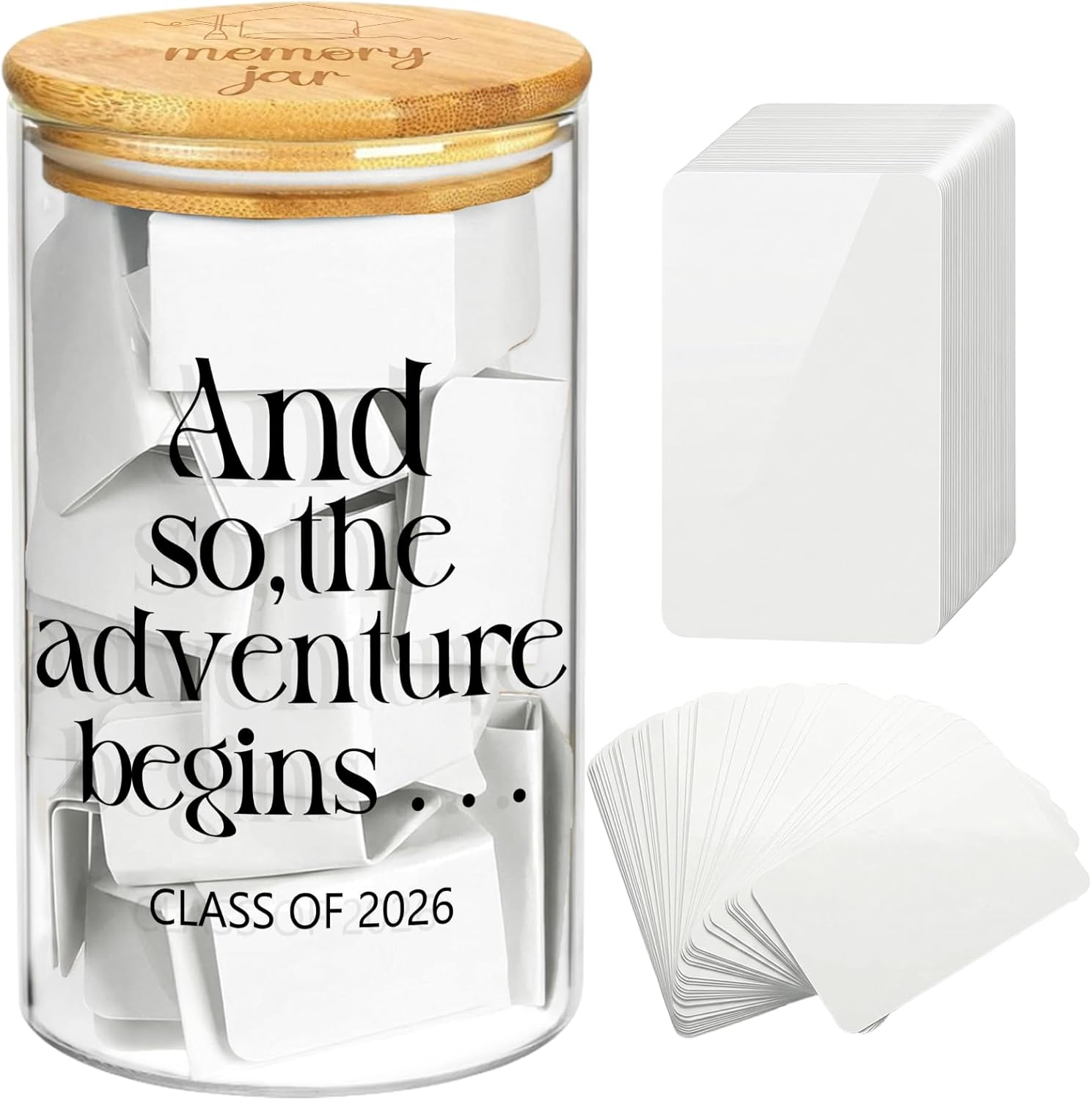 101 Pcs Graduation Memory Jar Set Class of 2026 Graduation Memory Jar with 100 Advice & Wishes Guest Book Cards and Glass Bottle Grade Party Decoration for College Congrats Grad Party Decorations