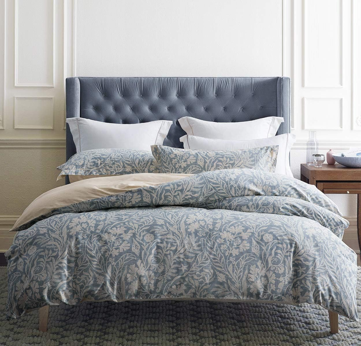 Duvet Cover Queen Size, 600 Thread Count Cotton Beige & Bluish Grey Printed with Luxurious Leaves Pattern Reversible Botanical Comforter Cover Sets, Bedding Set 3Pcs (Queen, Beige Paisley)