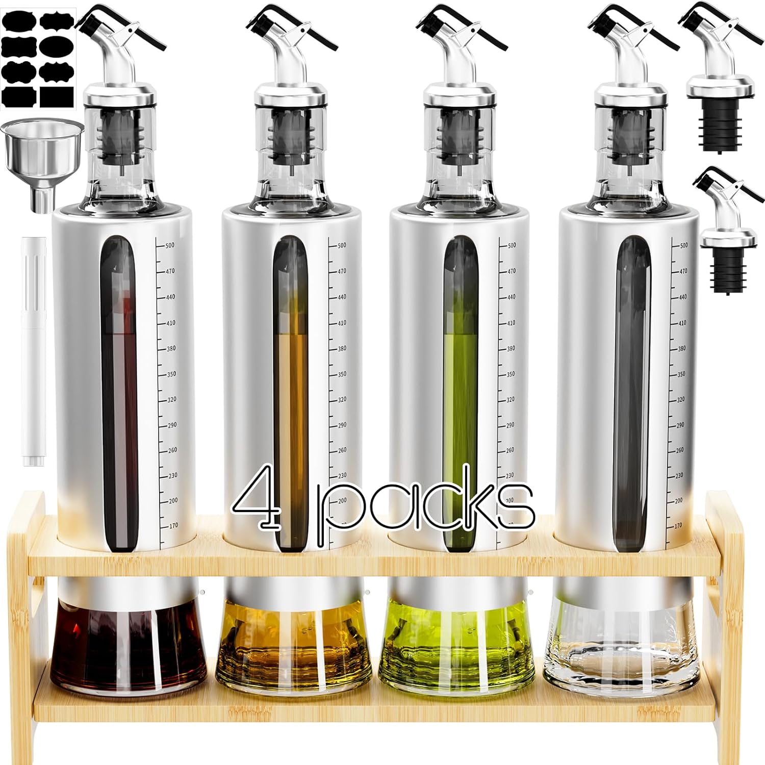 Oil Dispenser Bottle, 4 Pack Glass Olive Oil Dispenser Bottle with Shelf, 17Oz/500 Ml Oil and Vinegar Dispenser Set Wrapped in Stainless Steel Shell with Pourers, Funnel & Pen and Tags