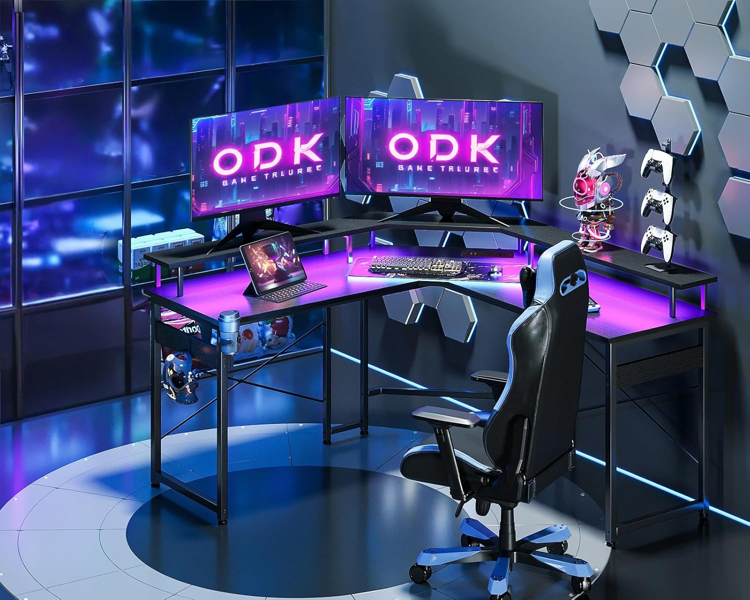 ODK Gaming Desk L Shaped with 10 Colour Lights&Power Outlet, L Shaped Desk Co... - Picture 9 of 14