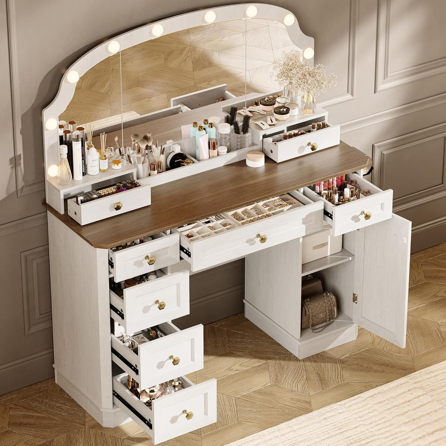 Rustic Farmhouse Makeup Vanity Desk with Mirror, Lights & Storage Drawers