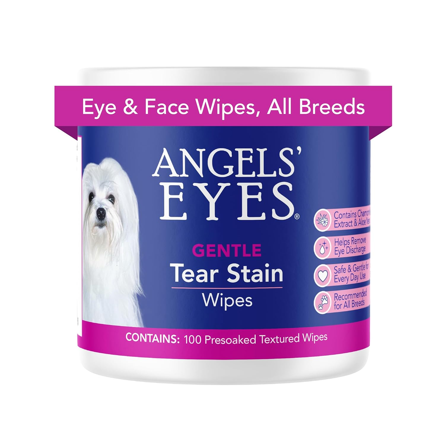 ANGELS' EYES Gentle Tear Stain & Pet Eye Wipes for All Dogs & Cats Textured Grooming Wipes Remove Discharge & Mucus, Reduce Tear Stains, Hypoallergenic with Aloe & Chamomile, 100Ct