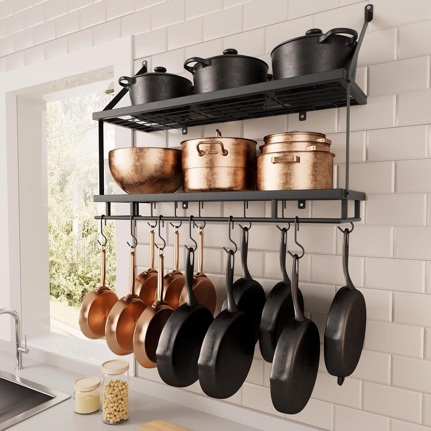 30-Inch Kitchen Pot Rack - Mounted Hanging Rack for Kitchen Storage and Organization- Matte Black 2-Tier Wall Shelf for Pots and Pans Organizer with 12 Hooks - KUR215S75B-BK