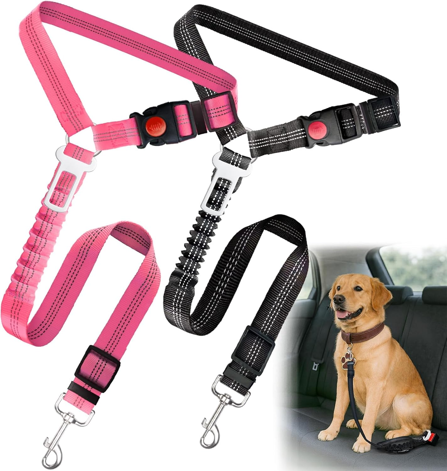 2-Pack Dog Car Seat Belt, 3-in-1 Headrest-Mounted Dog Seatbelt for Car, Adjustable Nylon Pet Safety Leash with Elastic Buffer & Reflective Stitching, Durable Car Harness for Dogs Fits Most Vehicles